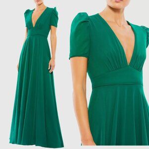 Mac Duggal 55681 Womens Size 6 Green Short Puff Sleeve V-Neck Long Maxi Dress